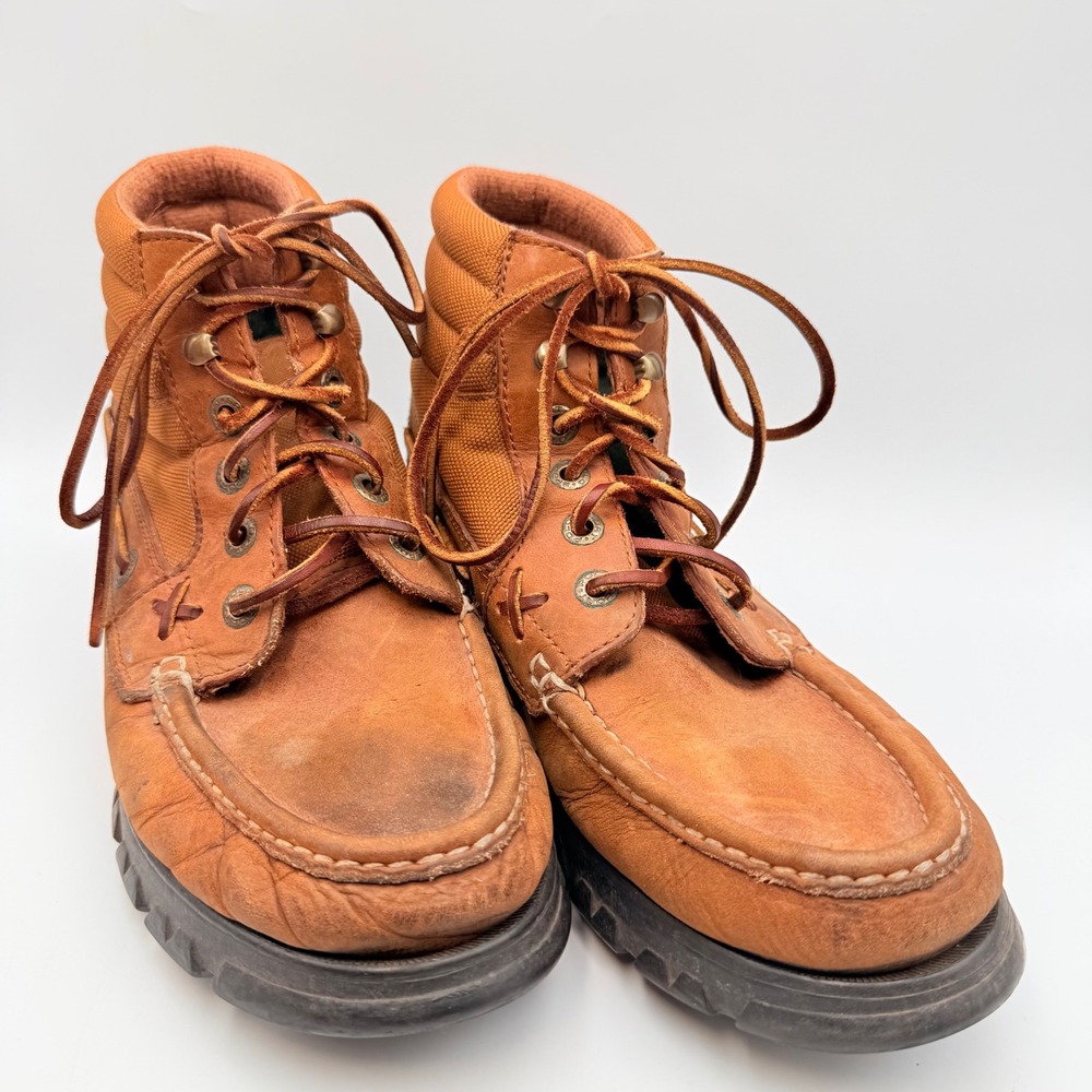 Polo Sport Ralph Lauren MC4852 Tan Leather Canvas Moc Toe Boots Mens 9.5 D